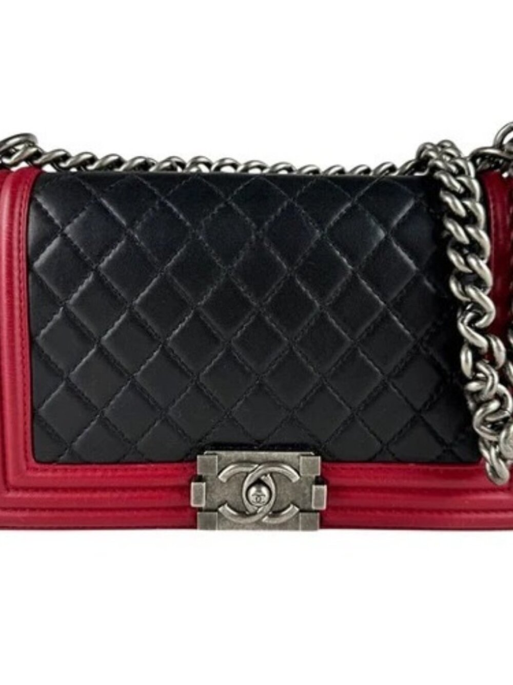 Auth CHANEL Boy Bag Chian Shoulder Bag Red/Black/Silver Leather/Metal - z8671